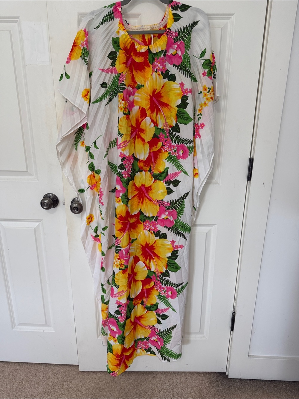 Hawaiian Kaftan  Maxi Dress Yellow & Pink Hibiscus Print one size white